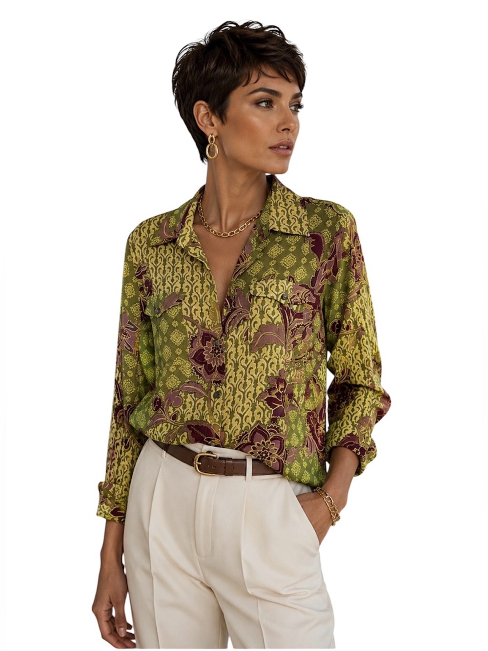 Vintage Evan Picone Green and Mauve Floral Button-Down Blouse